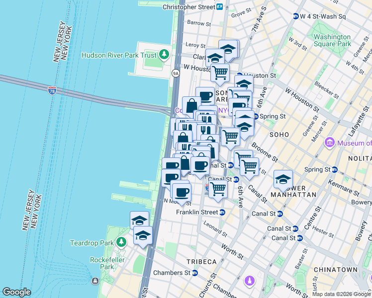 map of restaurants, bars, coffee shops, grocery stores, and more near 24 Desbrosses Street in New York