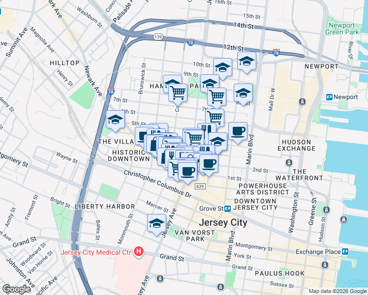 map of restaurants, bars, coffee shops, grocery stores, and more near 579 Jersey Avenue in Jersey City