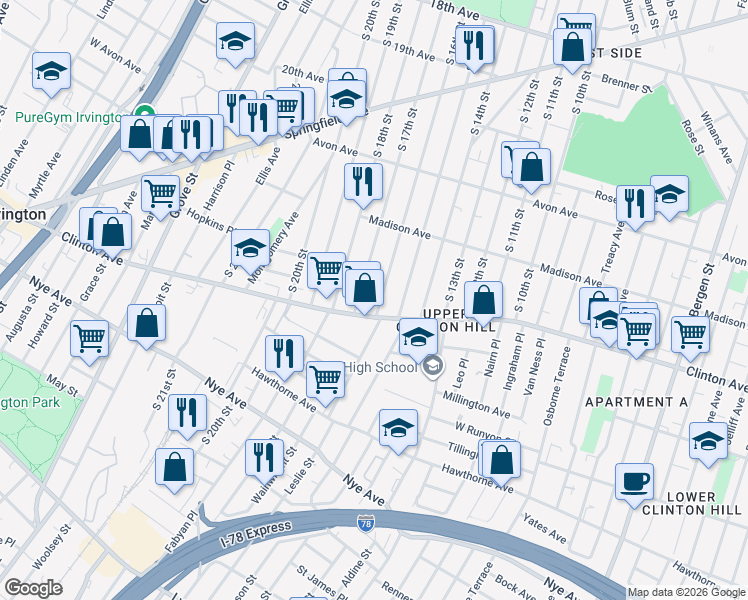 map of restaurants, bars, coffee shops, grocery stores, and more near 916 South 16th Street in Newark
