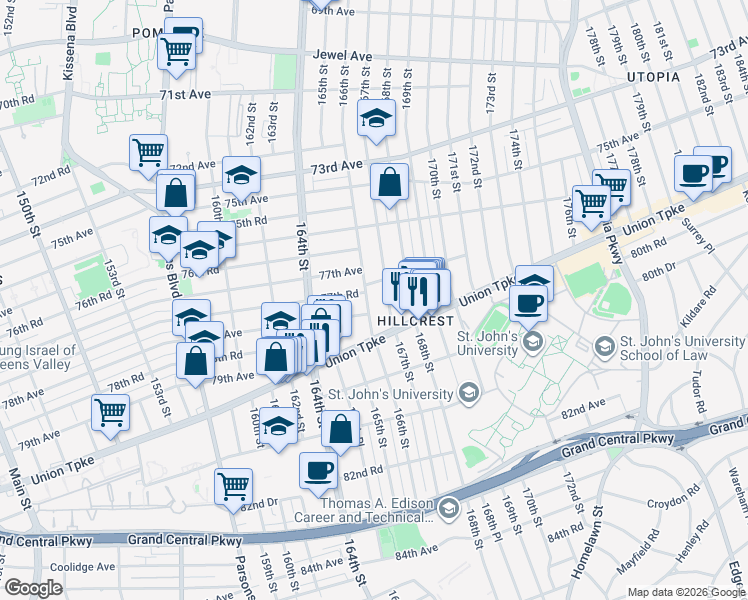 map of restaurants, bars, coffee shops, grocery stores, and more near 77-31 166th Street in Queens