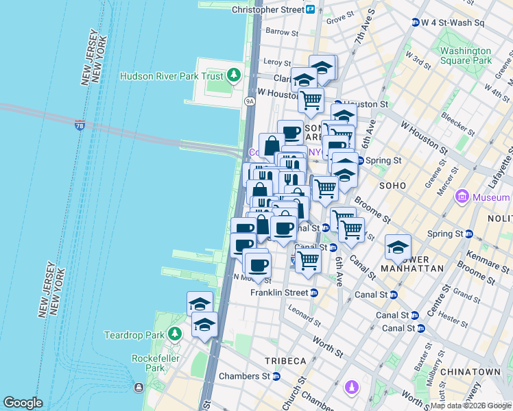 map of restaurants, bars, coffee shops, grocery stores, and more near in New York