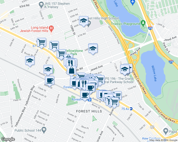map of restaurants, bars, coffee shops, grocery stores, and more near Jewel Ave & 108th St in Queens