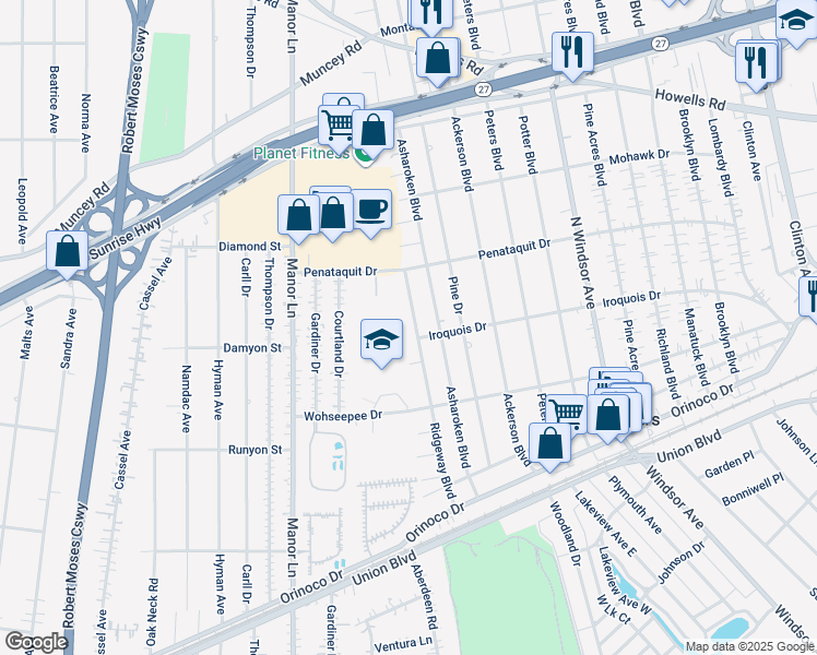 map of restaurants, bars, coffee shops, grocery stores, and more near 56 Ridgeway Boulevard in Bay Shore