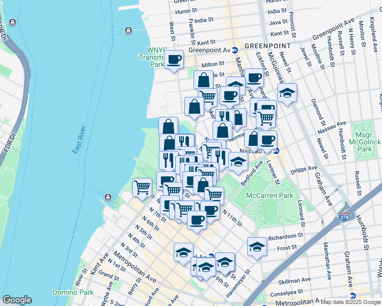 map of restaurants, bars, coffee shops, grocery stores, and more near 89 North 13th Street in Brooklyn