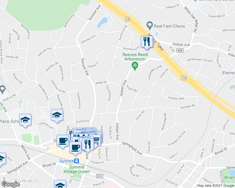 map of restaurants, bars, coffee shops, grocery stores, and more near 124 Hobart Avenue in Summit