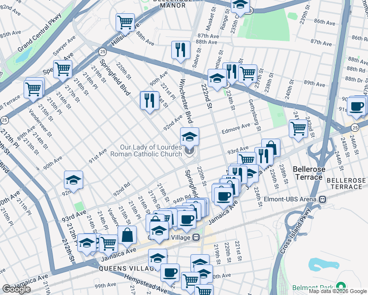map of restaurants, bars, coffee shops, grocery stores, and more near 9270 220th Street in Queens