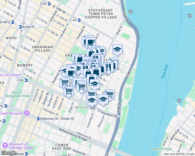 map of restaurants, bars, coffee shops, grocery stores, and more near 238-240 East 7th Street in New York