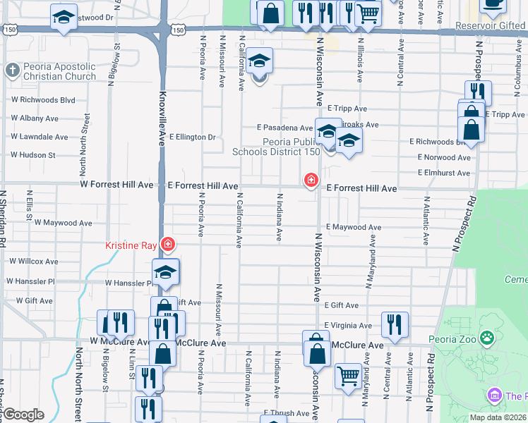 map of restaurants, bars, coffee shops, grocery stores, and more near 520 East Melbourne Avenue in Peoria
