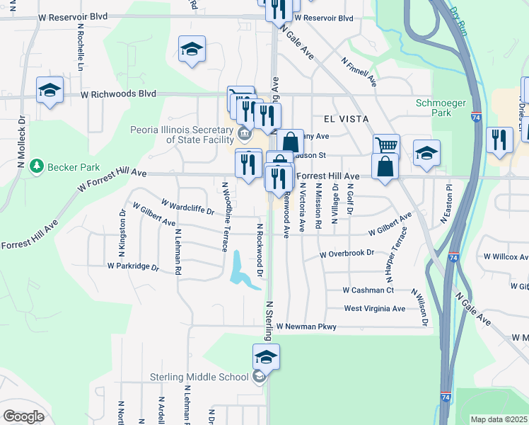 map of restaurants, bars, coffee shops, grocery stores, and more near 2920 North Rockwood Drive in Peoria