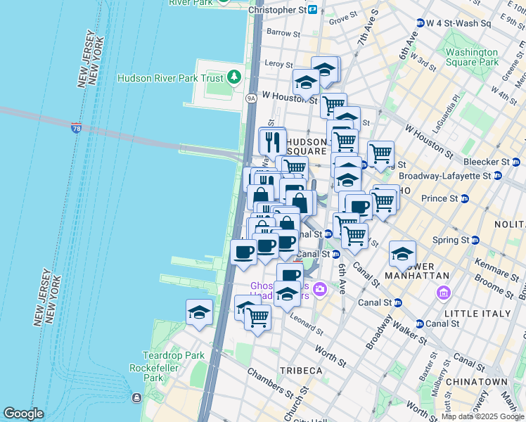 map of restaurants, bars, coffee shops, grocery stores, and more near 28 Desbrosses Street in New York