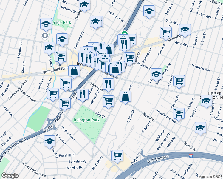 map of restaurants, bars, coffee shops, grocery stores, and more near 136 Maple Avenue in Irvington