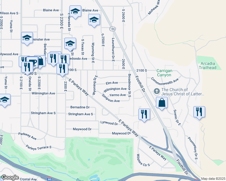 map of restaurants, bars, coffee shops, grocery stores, and more near 2538 Wilmington Avenue in Salt Lake City