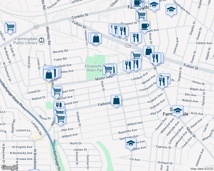 map of restaurants, bars, coffee shops, grocery stores, and more near 72 Lambert Avenue in South Farmingdale
