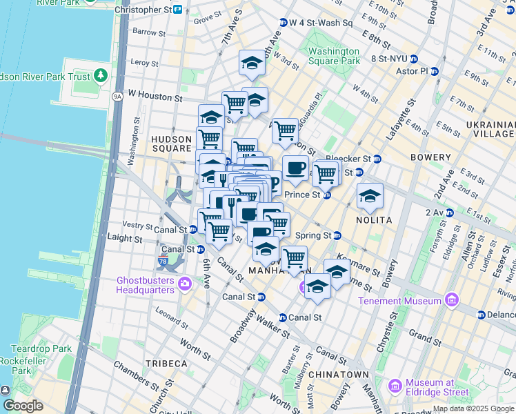 map of restaurants, bars, coffee shops, grocery stores, and more near 418 Broome Street in New York