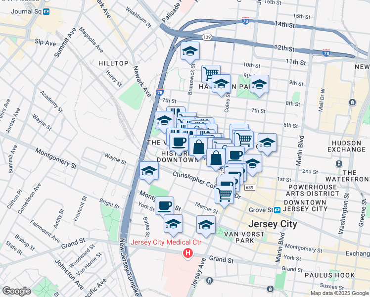 map of restaurants, bars, coffee shops, grocery stores, and more near 394 2nd Street in Jersey City