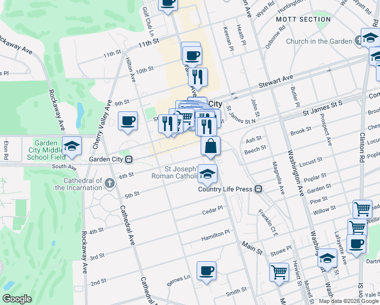 map of restaurants, bars, coffee shops, grocery stores, and more near 119 6th Street in Garden City