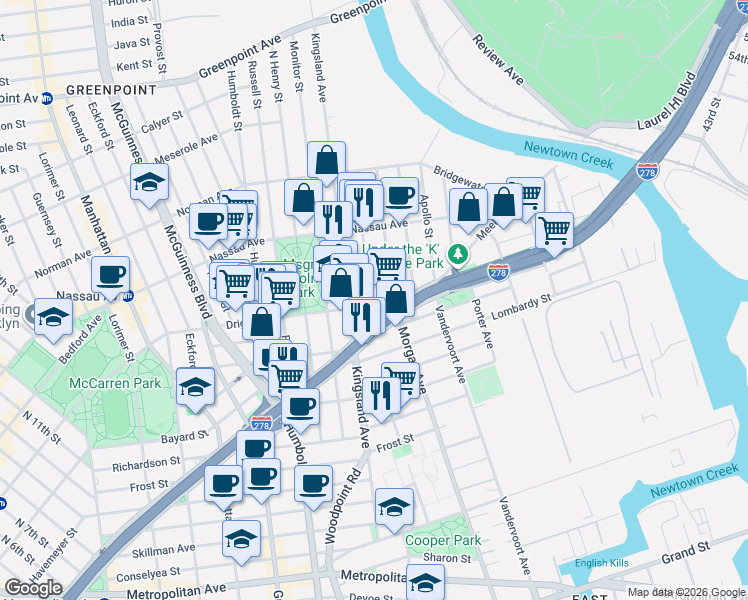 map of restaurants, bars, coffee shops, grocery stores, and more near 23 Driggs Avenue in Brooklyn