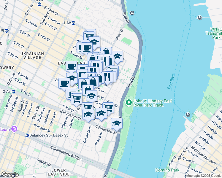 map of restaurants, bars, coffee shops, grocery stores, and more near Avenue D in New York