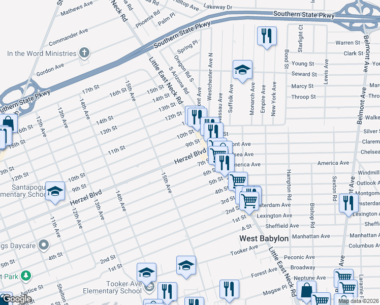 map of restaurants, bars, coffee shops, grocery stores, and more near 1558 Herzel Boulevard in West Babylon