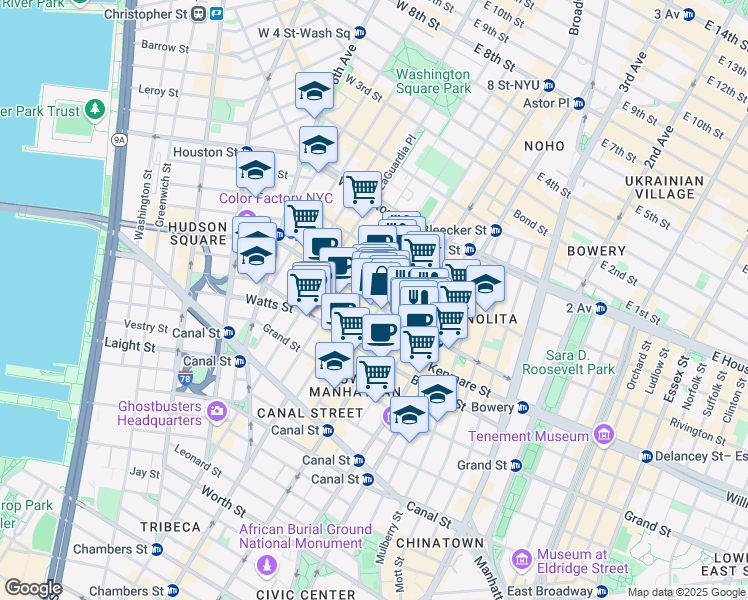 map of restaurants, bars, coffee shops, grocery stores, and more near 113 Spring Street in New York