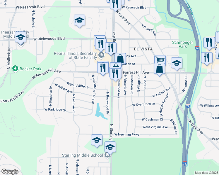 map of restaurants, bars, coffee shops, grocery stores, and more near 2920 North Rockwood Drive in Peoria