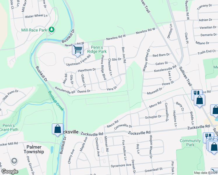 map of restaurants, bars, coffee shops, grocery stores, and more near 1225 Vera Drive in Easton