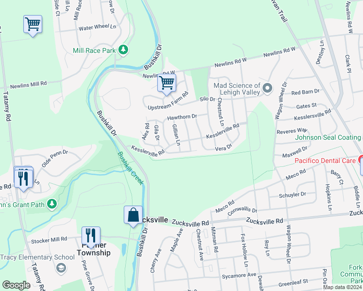 map of restaurants, bars, coffee shops, grocery stores, and more near 2190 Gillian Lane in Easton