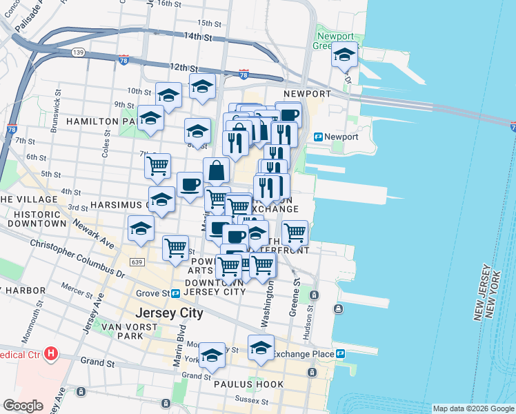map of restaurants, bars, coffee shops, grocery stores, and more near 444 Warren Street in Jersey City