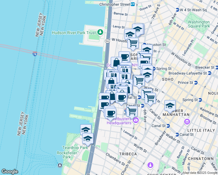 map of restaurants, bars, coffee shops, grocery stores, and more near in New York