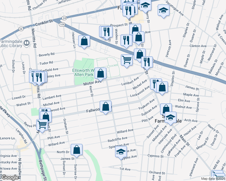 map of restaurants, bars, coffee shops, grocery stores, and more near 48 Michel Avenue in Farmingdale