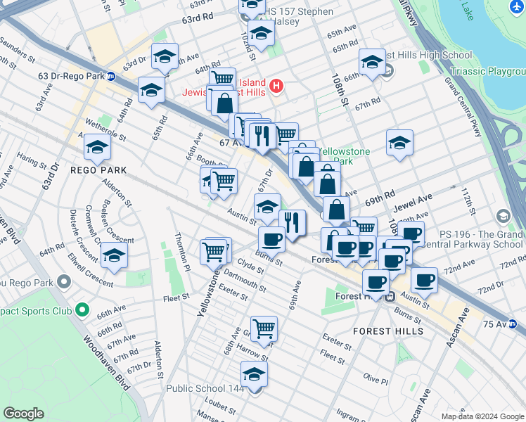 map of restaurants, bars, coffee shops, grocery stores, and more near 102-15 68th Avenue in Queens