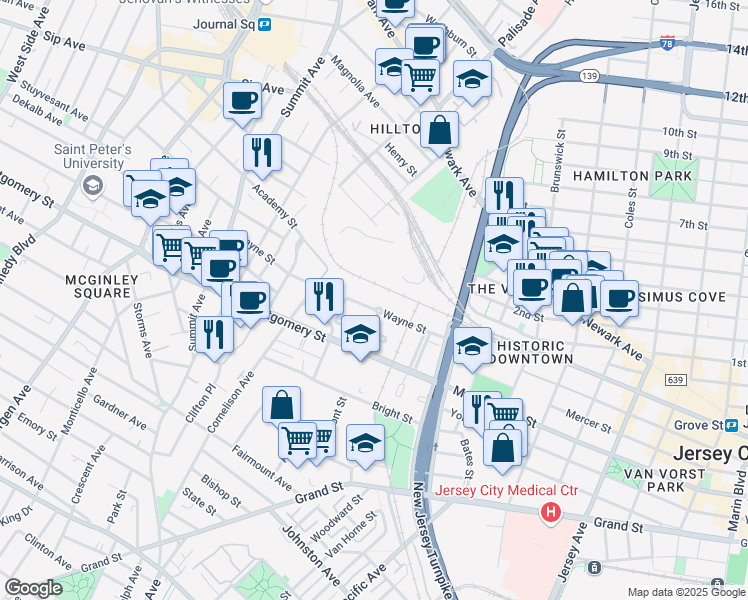 map of restaurants, bars, coffee shops, grocery stores, and more near 344 Wayne Street in Jersey City