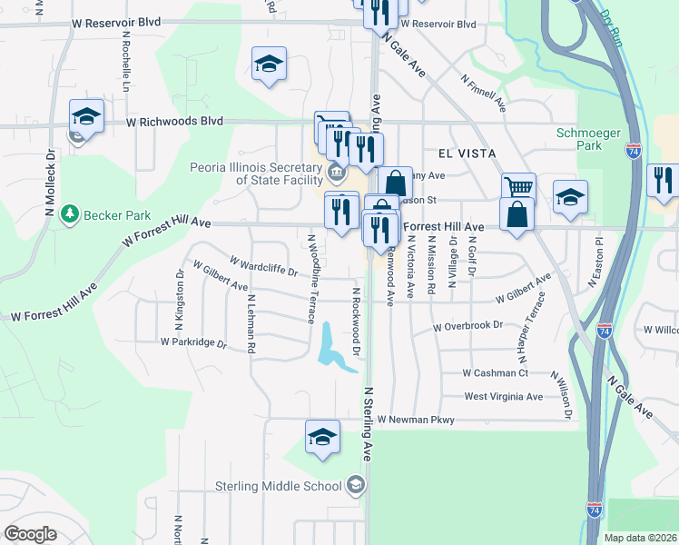 map of restaurants, bars, coffee shops, grocery stores, and more near 2525 West Wardcliffe Drive in Peoria