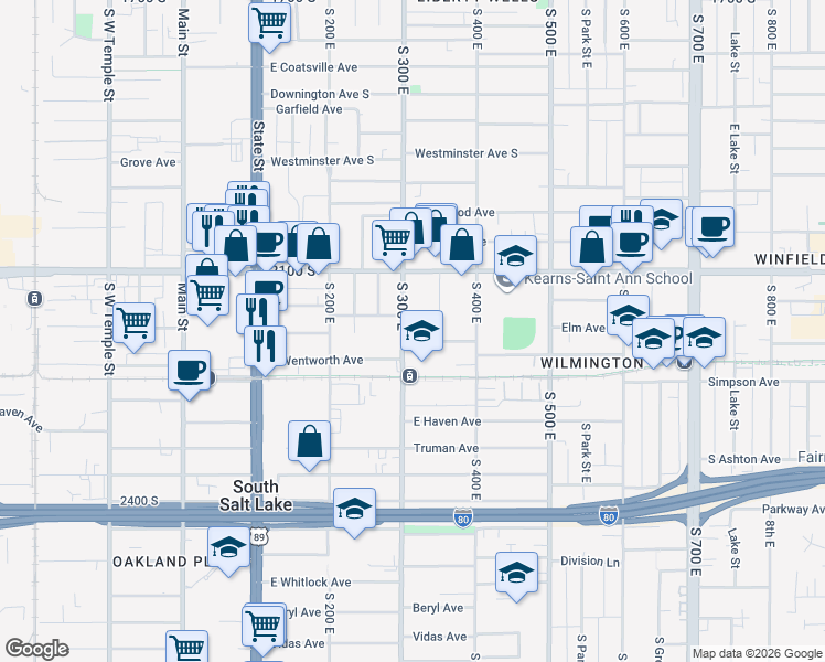 map of restaurants, bars, coffee shops, grocery stores, and more near 2175 South 300 East in Salt Lake City