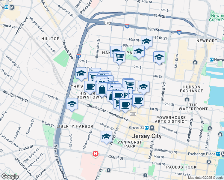 map of restaurants, bars, coffee shops, grocery stores, and more near 49 Coles Street in Jersey City