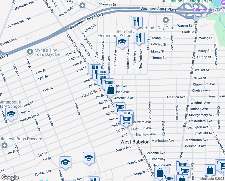 map of restaurants, bars, coffee shops, grocery stores, and more near 21 Chelsea Avenue in West Babylon