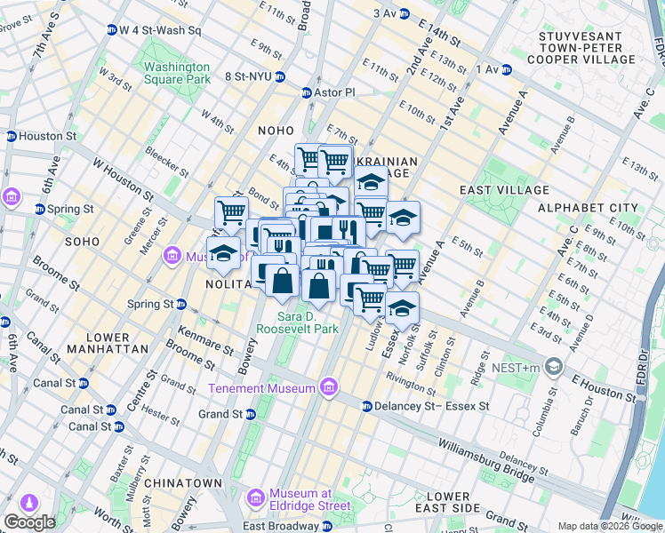 map of restaurants, bars, coffee shops, grocery stores, and more near 145 East Houston Street in New York