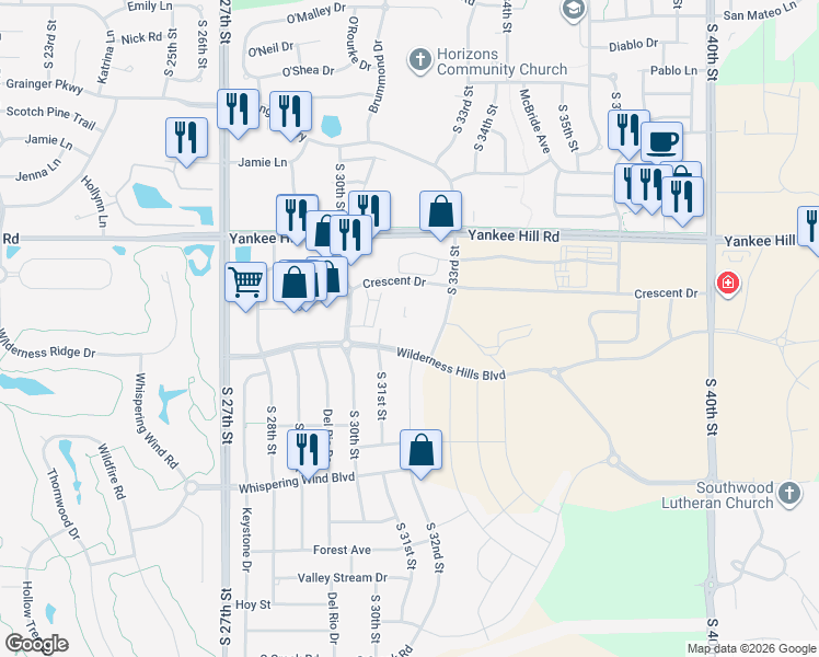 map of restaurants, bars, coffee shops, grocery stores, and more near 3130 Wilderness Hills Boulevard in Lincoln