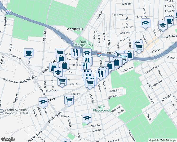 map of restaurants, bars, coffee shops, grocery stores, and more near 61-24 56th Drive in Queens