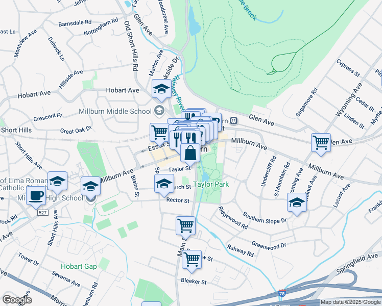 map of restaurants, bars, coffee shops, grocery stores, and more near in Millburn