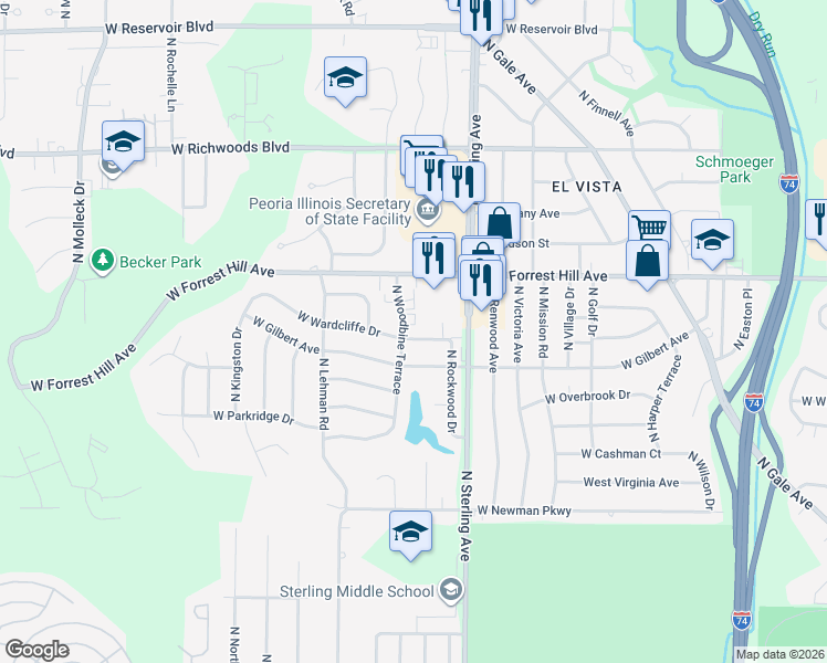 map of restaurants, bars, coffee shops, grocery stores, and more near 2604 West Wardcliffe Drive in Peoria