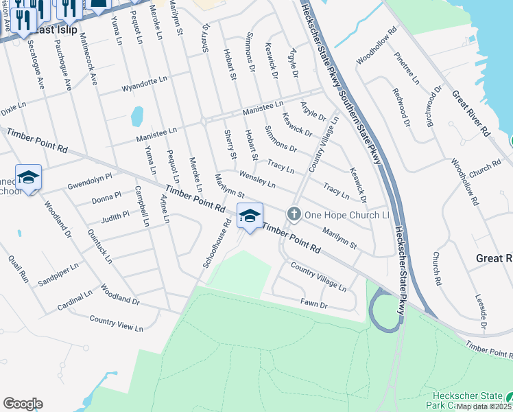 map of restaurants, bars, coffee shops, grocery stores, and more near 178 Marilynn Street in East Islip