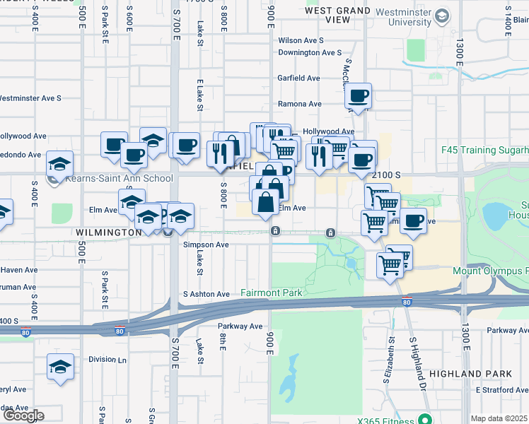 map of restaurants, bars, coffee shops, grocery stores, and more near 2178 900 East in Salt Lake City