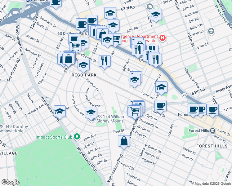 map of restaurants, bars, coffee shops, grocery stores, and more near 66-10 Thornton Place in Queens