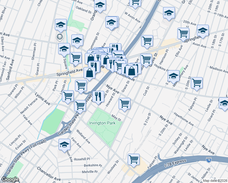 map of restaurants, bars, coffee shops, grocery stores, and more near 496 Nye Avenue in Irvington