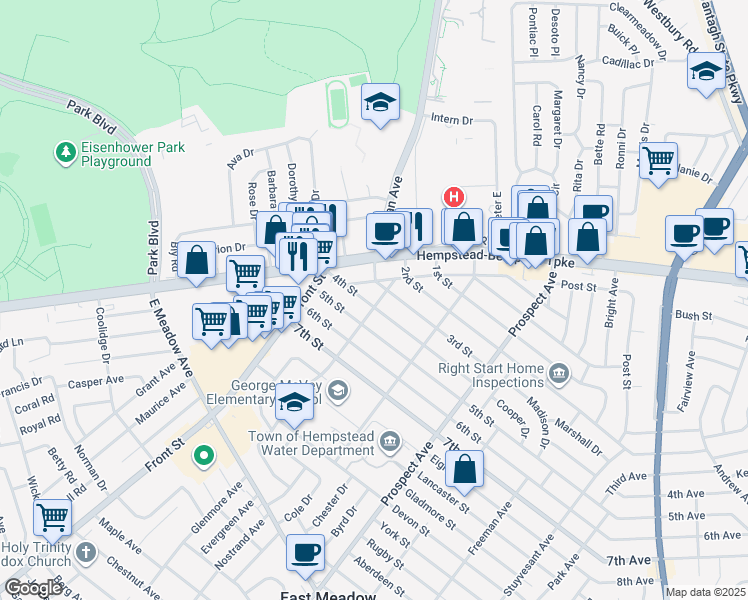 map of restaurants, bars, coffee shops, grocery stores, and more near 2101 Lincoln Avenue in East Meadow