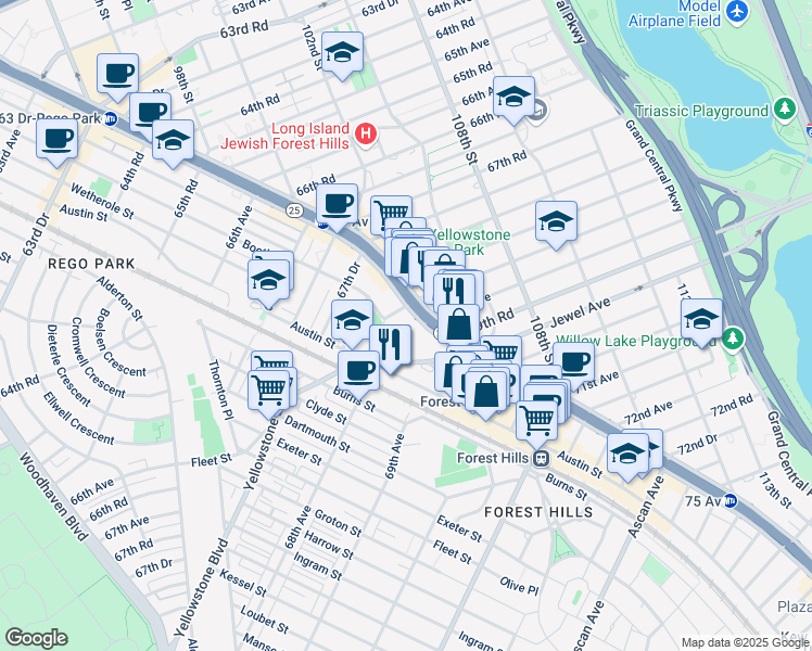 map of restaurants, bars, coffee shops, grocery stores, and more near 11821 Queens Boulevard in Queens