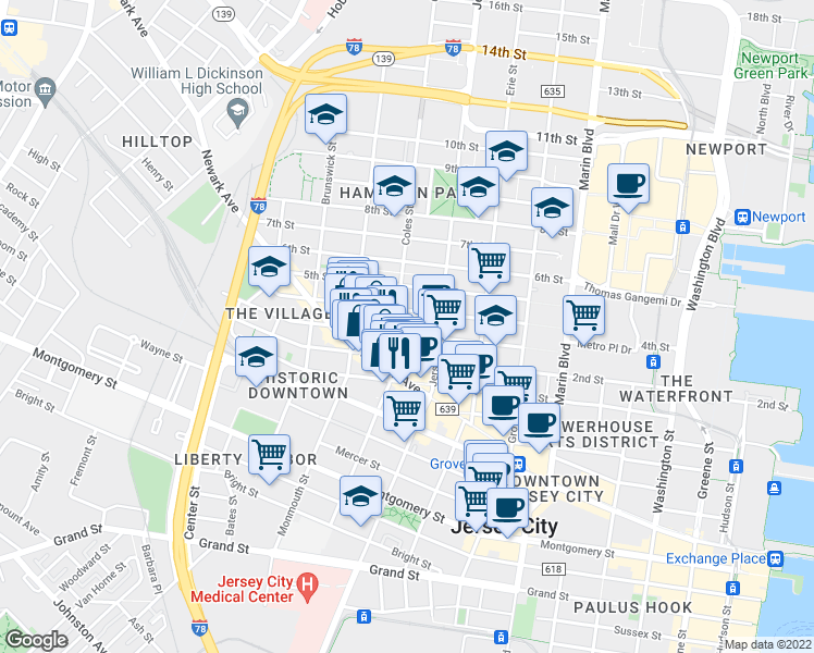 map of restaurants, bars, coffee shops, grocery stores, and more near 49 Coles Street in Jersey City