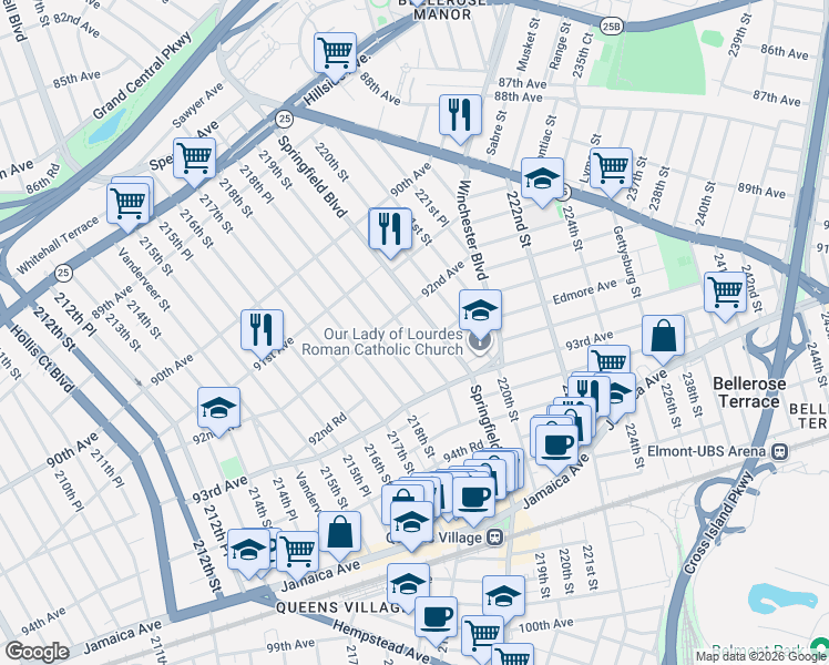 map of restaurants, bars, coffee shops, grocery stores, and more near 92-23 219th Street in Queens