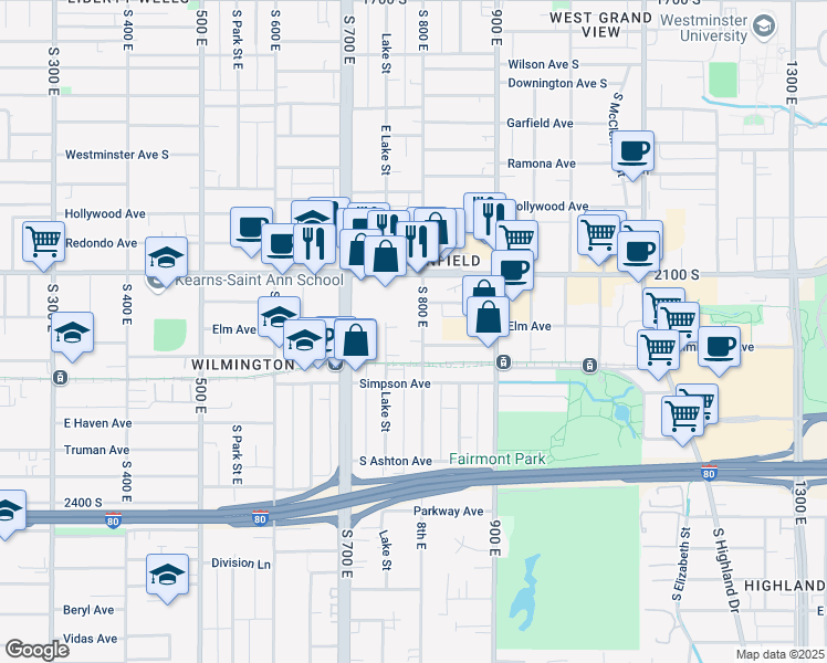 map of restaurants, bars, coffee shops, grocery stores, and more near 2182 800 East in Salt Lake City